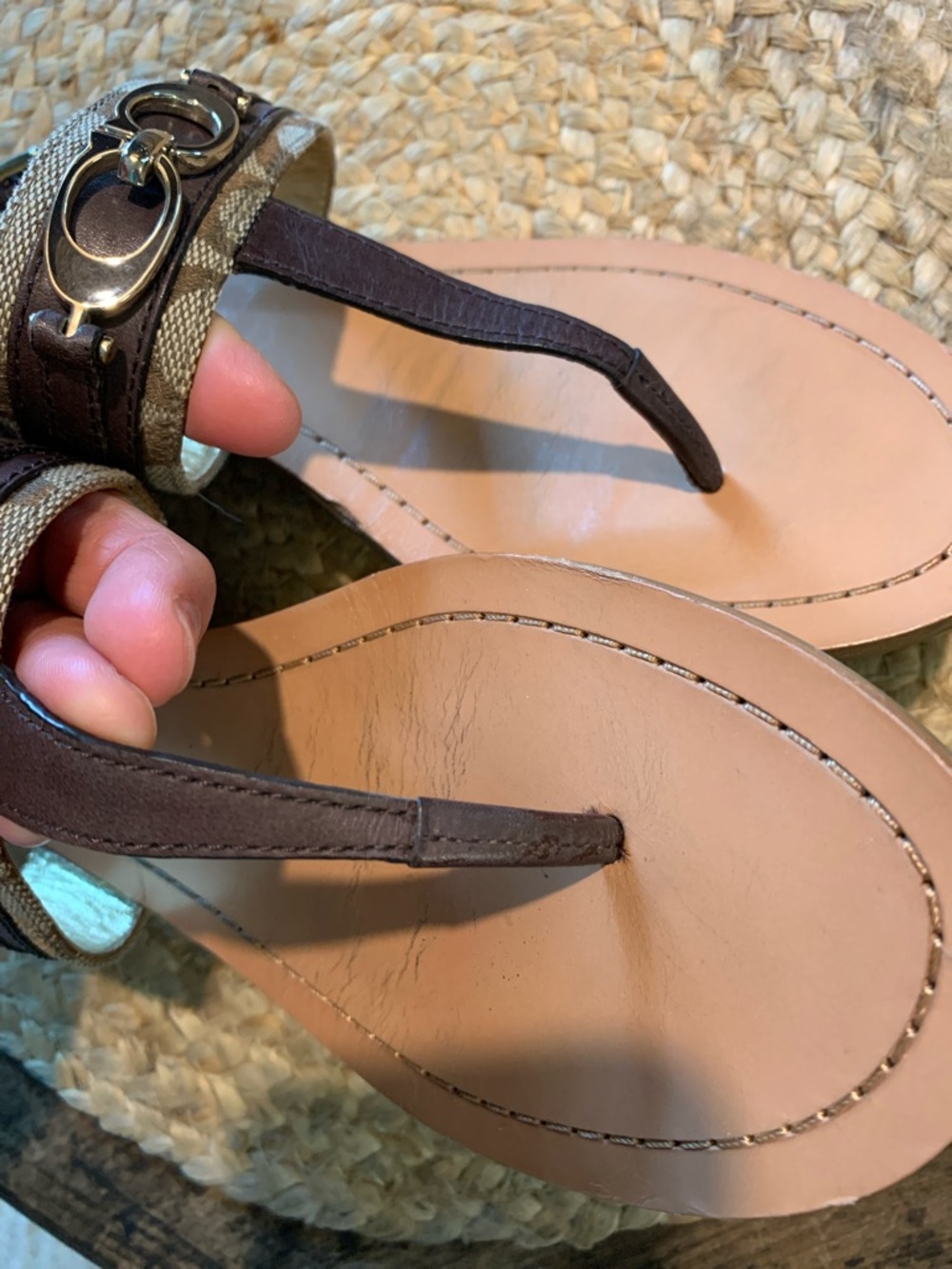 Coach Brown Leather and Signature Canvas Thong Sandals with Metal Accent - Picture 8 of 9